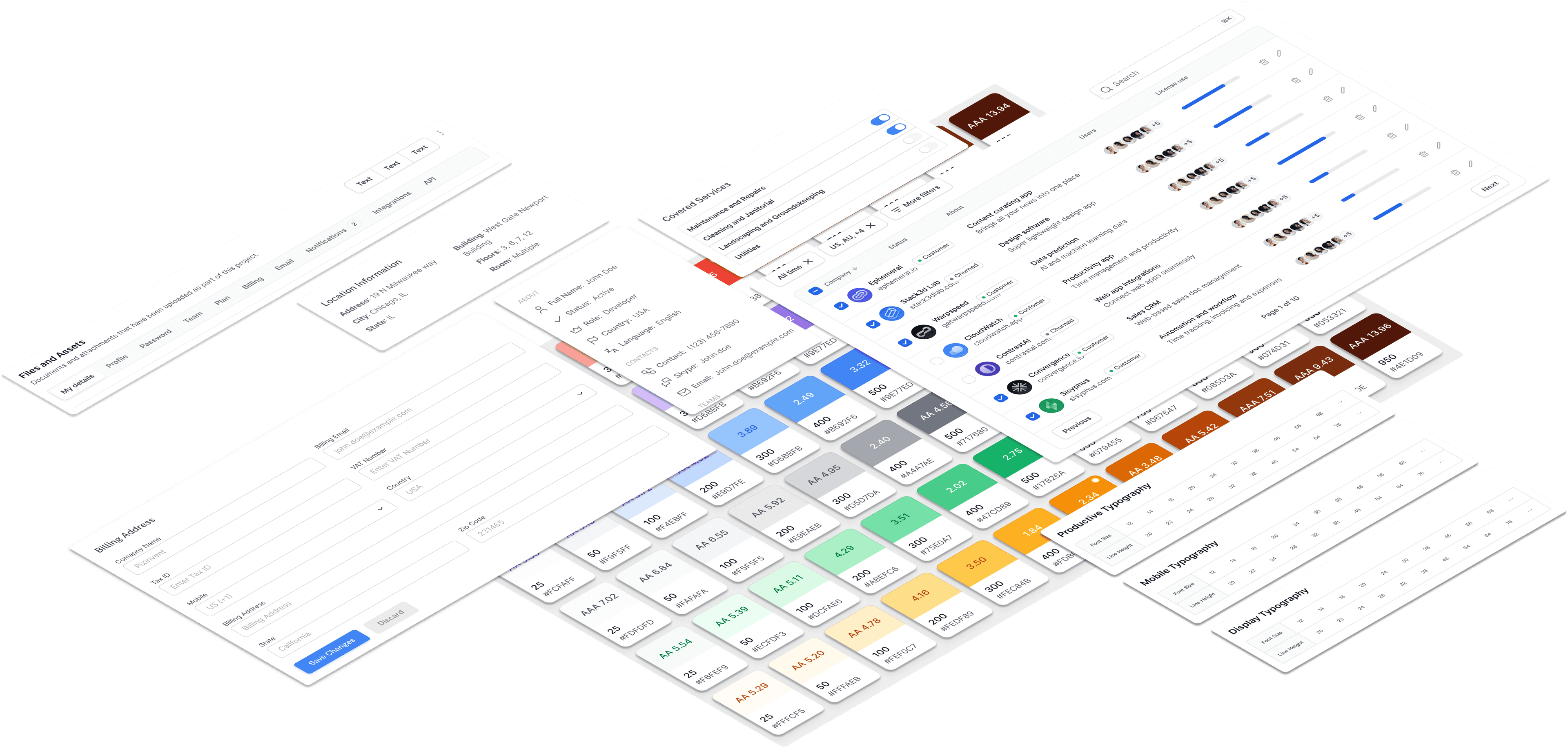 Collage of interface patterns, color and contrast scales, and typography examples from a design system.