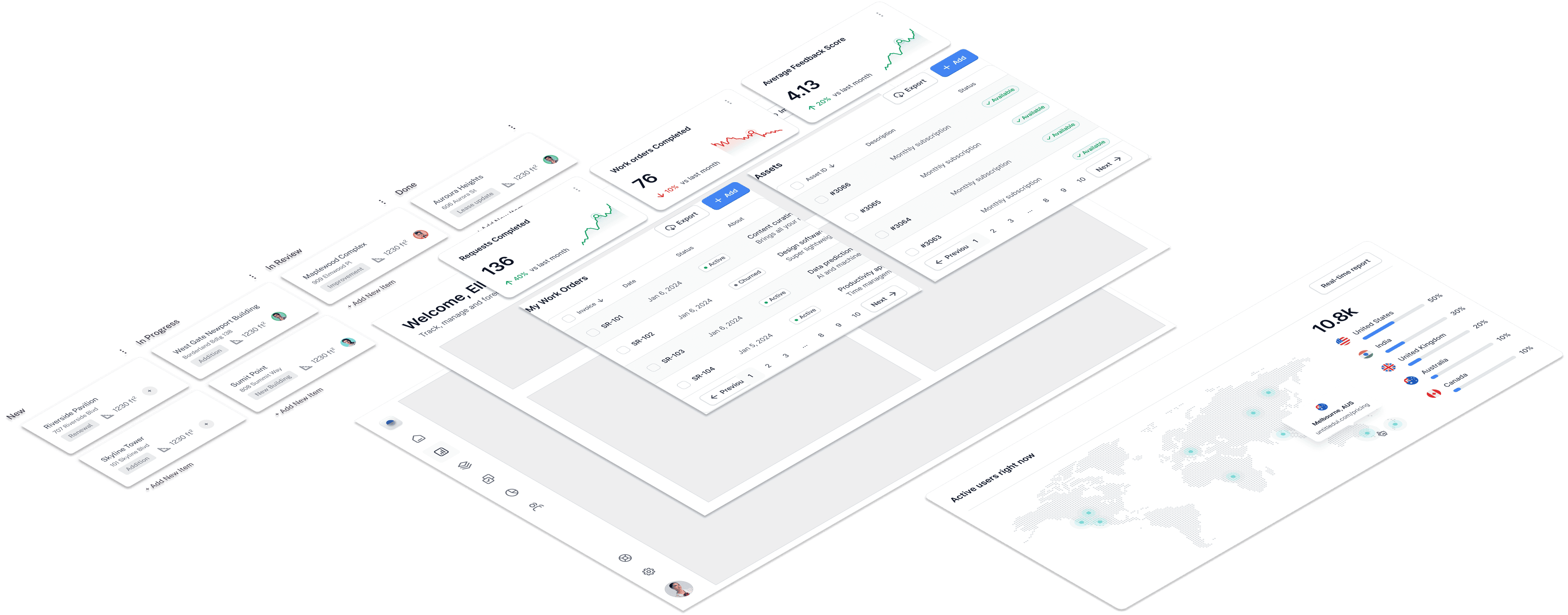 Overlapping service interfaces showing work-order records, service listings, inventory, and a map-based activity view.